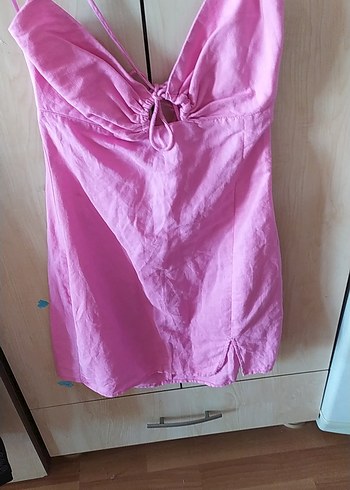 Pembe Keten Midi V Yaka Drapeli Elbise - Görsel 3