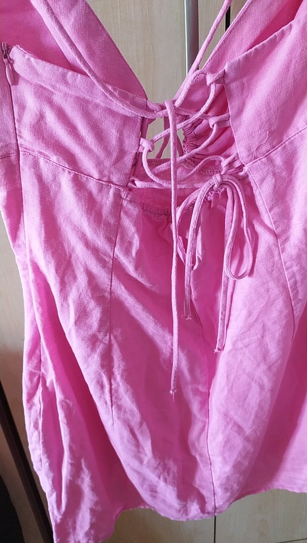 Pembe Keten Midi V Yaka Drapeli Elbise - Görsel 2