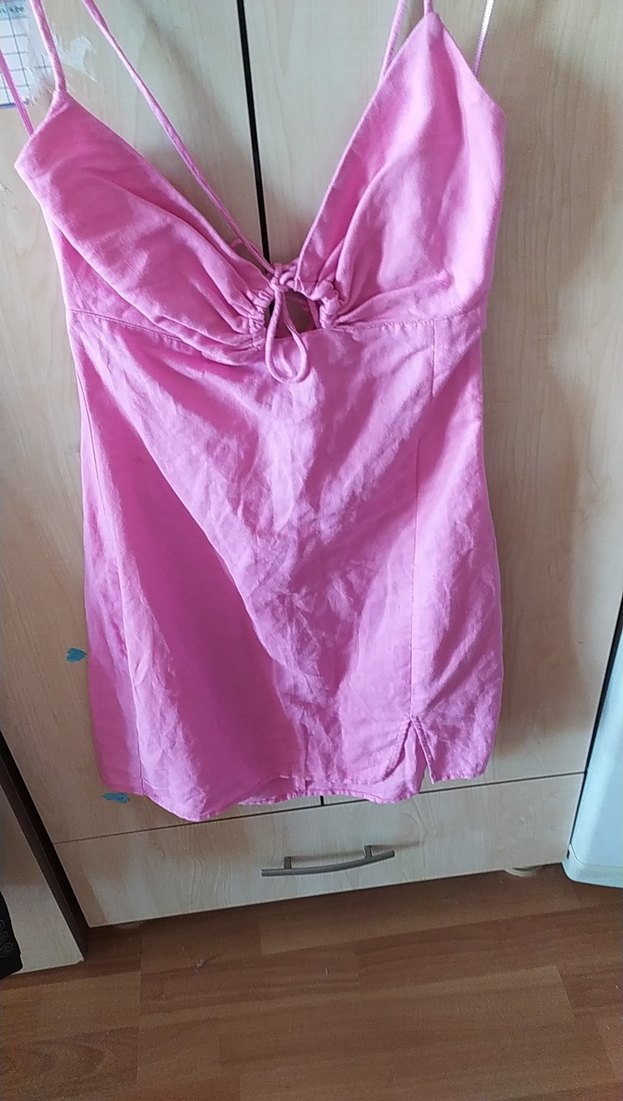 Pembe Keten Midi V Yaka Drapeli Elbise - Görsel 3