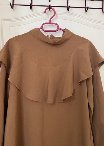 Kahverengi  Uzun Kollu Fırfırlı Midi Tunik - Görsel 2