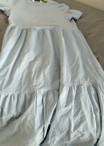 s Beden mavi Renk Mavi Keten Kısa Kollu Midi Elbise