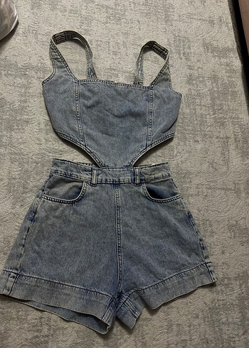 Gri Denim Kısa Tulum, Askılı, Mini Boy