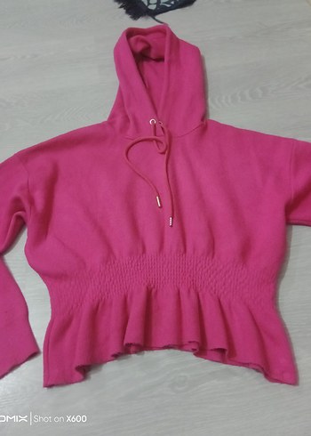 Pembe Kapüşonlu Örme Kadın Sweatshirt - Görsel 5