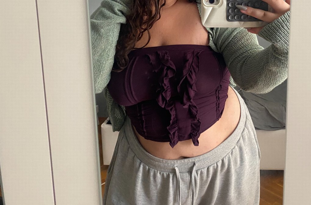 Mor Fitted straplez crop atlet - Görsel 2