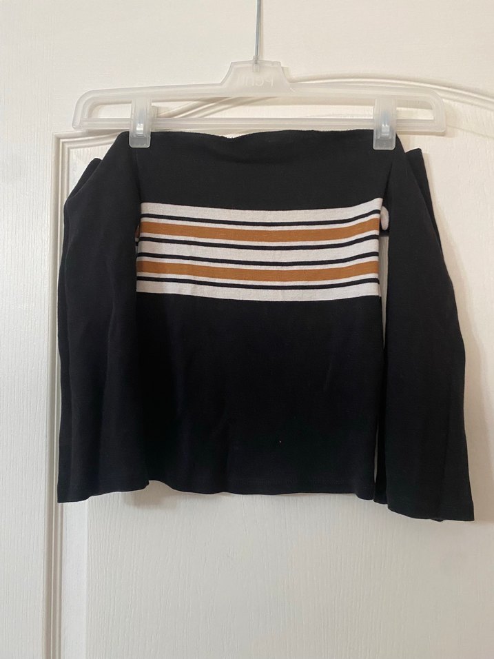 Çizgili Siyah kayık yaka bluz - Görsel 2