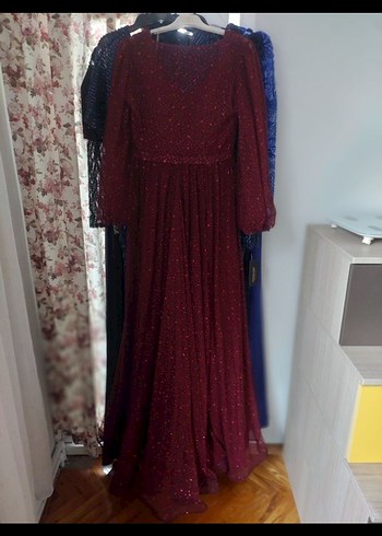 Bordo Uzun Kollu V Yaka Drapeli Abiye Elbise 42 44 - Görsel 3