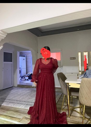 Bordo Uzun Kollu V Yaka Drapeli Abiye Elbise 42 44 - Görsel 2