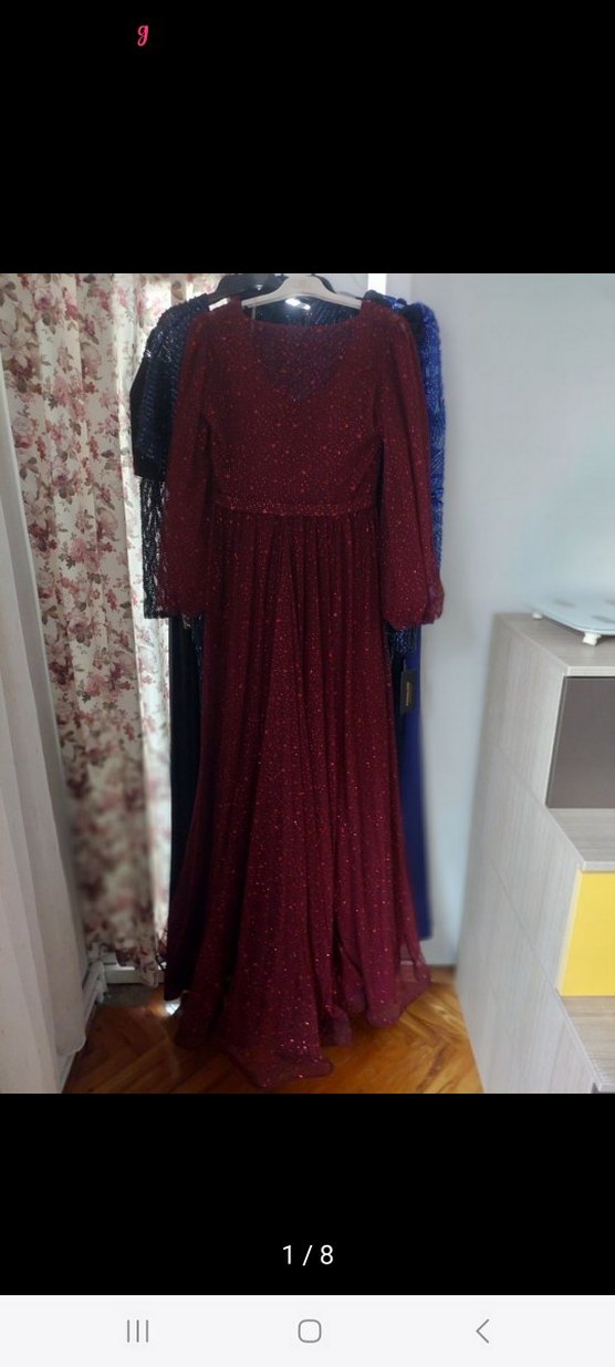 Bordo Uzun Kollu V Yaka Drapeli Abiye Elbise 42 44 - Görsel 3