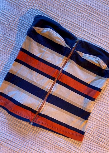 s Beden Çizgili Fermuarlı Straplez Mini Kadın crop