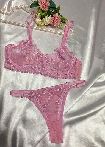Bralet Takım Pembe | Kalp İşleme Detaylı