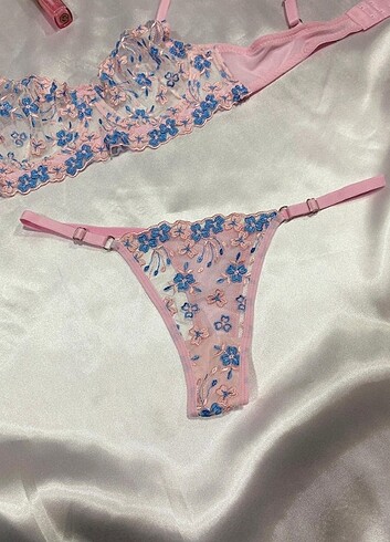 Diğer Bralet Takım Pembe | Mavi Çiçek İşlemeli