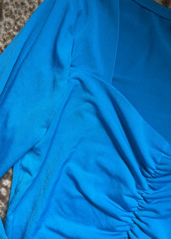 Mavi V Yaka Drapeli Kadın Bluz - Görsel 4