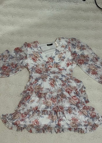 Çiçek Desenli V Yaka Uzun Kollu Mini Elbise - Görsel 3