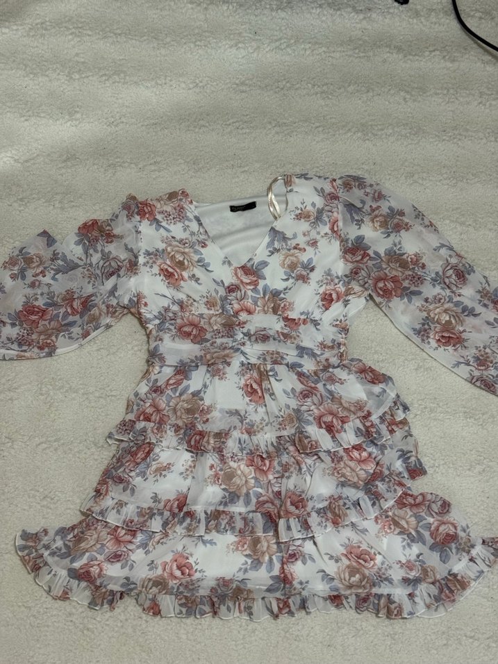 Çiçek Desenli V Yaka Uzun Kollu Mini Elbise - Görsel 3