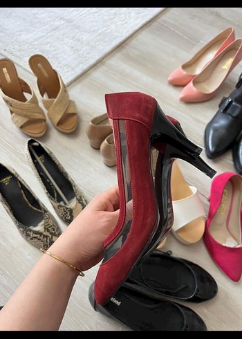 37 Beden bordo Renk Bordo Süet Stiletto, Modern Klasik
