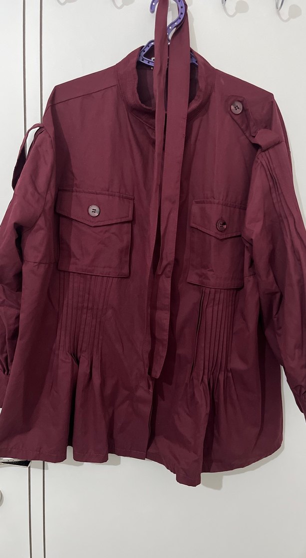 Bordo Düğmeli Midi Kadın Ceket - Görsel 3