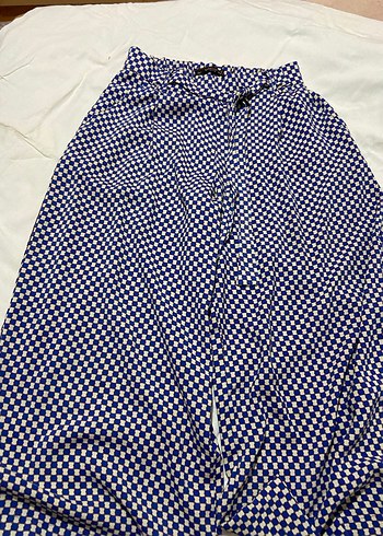 Mavi Kareli Düğmeli Salaş Midi Pantolon - Görsel 2