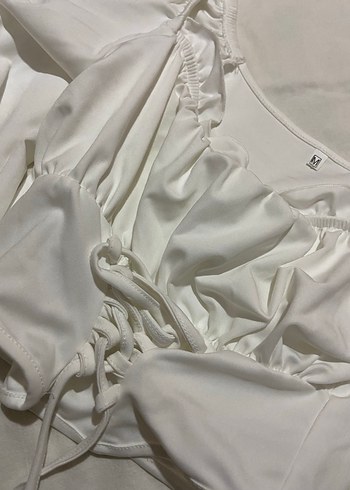 Beyaz Keten Drapeli Askılı Bluz - Görsel 2