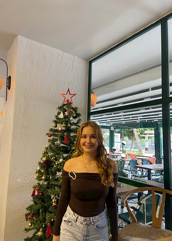 Uzun Kollu Kahverengi Straplez Bluz - Görsel 2