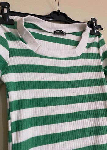 Yeşil Beyaz Çizgili Triko Kadın Kazak - Görsel 2