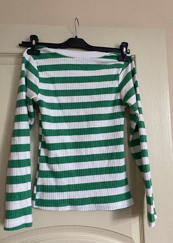 Yeşil Beyaz Çizgili Triko Kadın Kazak - Görsel 4