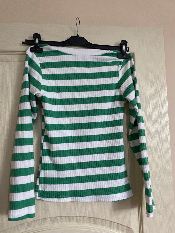 Yeşil Beyaz Çizgili Triko Kadın Kazak - Görsel 4