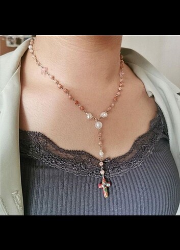Beden pembe Renk Rosary Kolye Haç