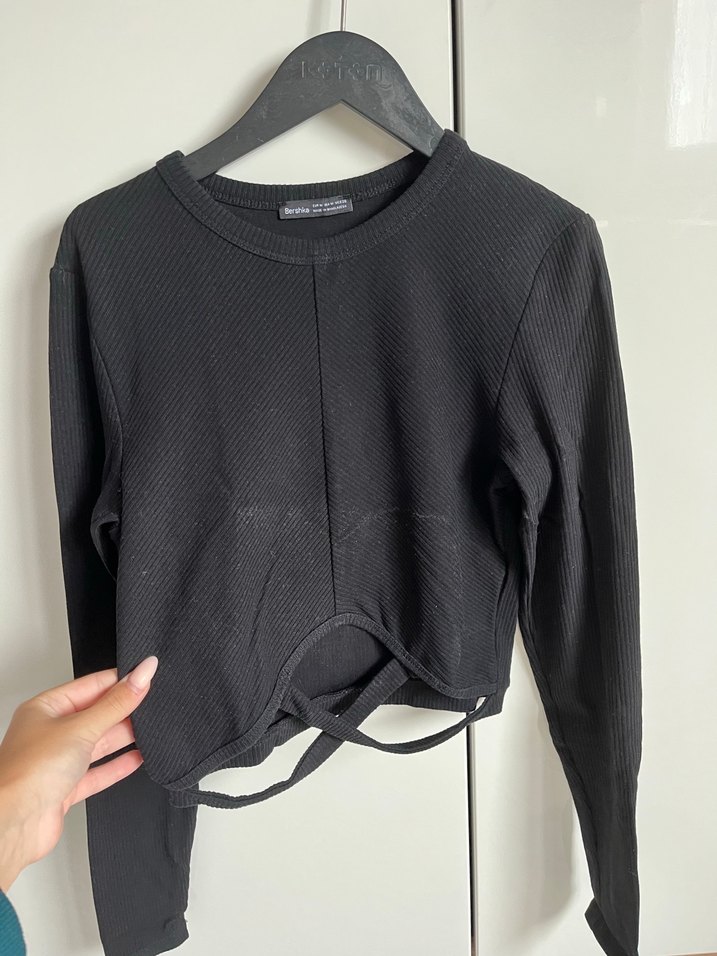 Uzun Kollu Siyah Crop Bluz - Görsel 2