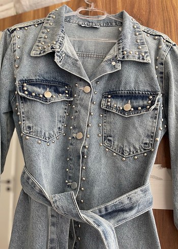 m Beden Zımbalı Kemerli Mavi Denim elbise