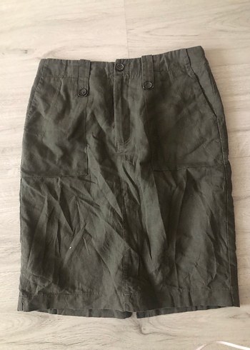 Düğmeli Keten Midi Kadın Etek - Görsel 4