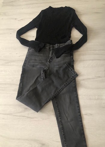 Gri Kadın Kemerli Dar Kesim Kot Pantolon - Görsel 5