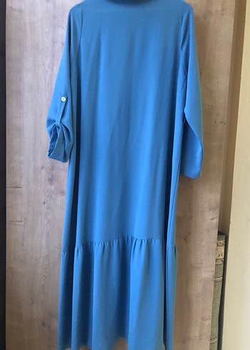Düğmeli Mavi Nakışlı Uzun Keten Elbise - Görsel 6