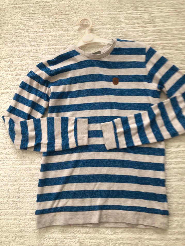 Mavi Gri Çizgili Erkek Çocuk Triko Kazak - Görsel 2