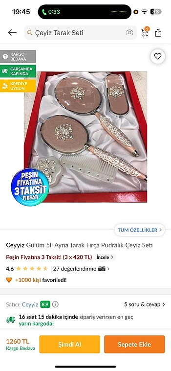 5 li ayna tarak çeyiz seti