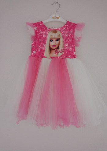 Pembe Barbie Baskılı Kız Çocuk Elbise