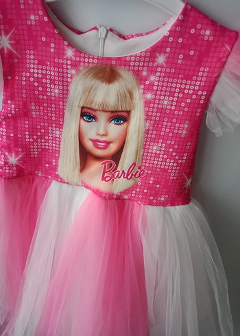 5 Yaş Beden Pembe Barbie Baskılı Kız Çocuk Elbise