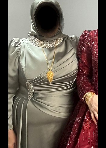 48 Beden Uzun Kollu, Yüksek Yakalı Gri Abiye Elbise