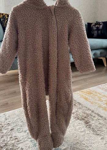 Kahverengi Peluş Bebek Tulumu Kapüşonlu Mont - Görsel 4