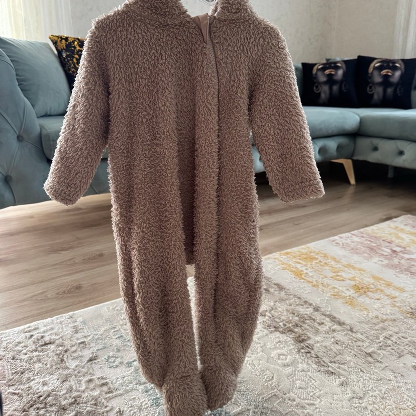 Kahverengi Peluş Bebek Tulumu Kapüşonlu Mont - Görsel 4