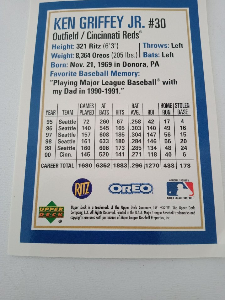 2001 Upper Deck Ken Griffey -Cincinnati Reds Beyzbol Kartı - Görsel 4