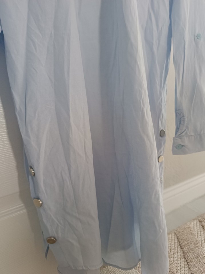 Kadın Mavi Keten Düğmeli Gömlek - Görsel 3