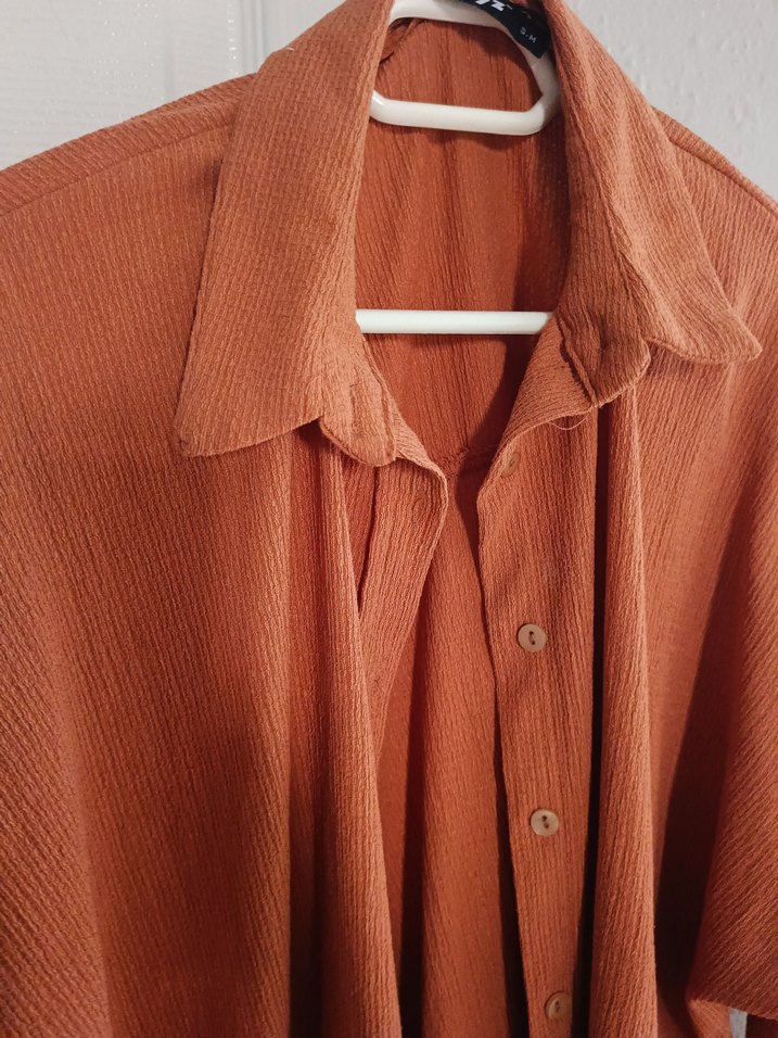 Düğmeli Kahverengi Keten Uzun Kollu Gömlek - Görsel 2