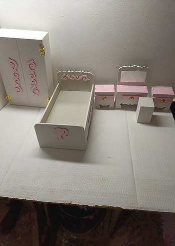 Pembe Pastel Ahşap Bebek Mobilya Seti barbie eşyaları - Görsel 7