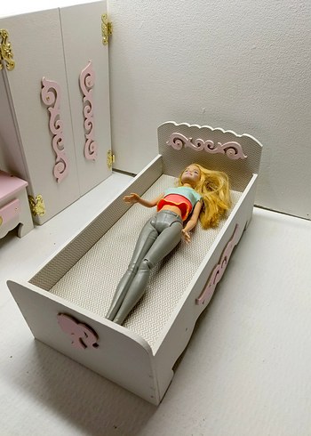 Pembe Pastel Ahşap Bebek Mobilya Seti barbie eşyaları - Görsel 5