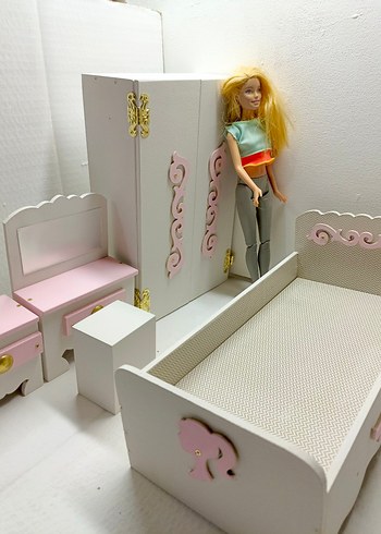 Pembe Pastel Ahşap Bebek Mobilya Seti barbie eşyaları - Görsel 2