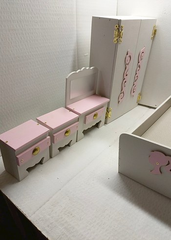 Pembe Pastel Ahşap Bebek Mobilya Seti barbie eşyaları - Görsel 4