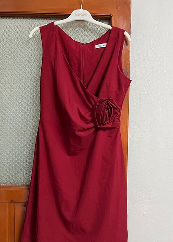 Bordo Drapeli Kolsuz Midi Elbise
