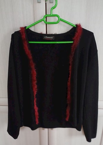 Kırmızı Kürklü V Yaka Uzun Kollu Hırka - Görsel 2