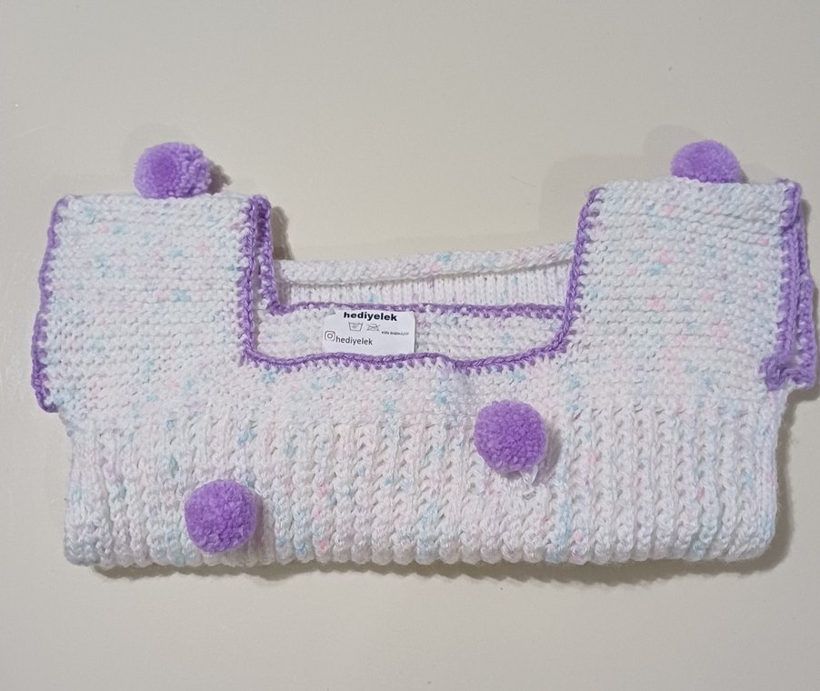 Kız Çocuk Lila Ponponlu Örgü Kolsuz Süveter - Görsel 2