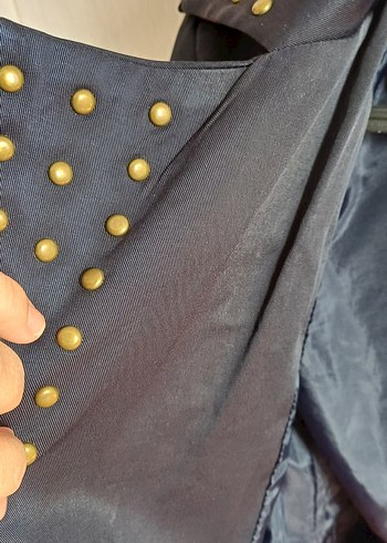 Düğme Süslü Lajivert Deri Görünümlü Kadın Ceket - Görsel 9